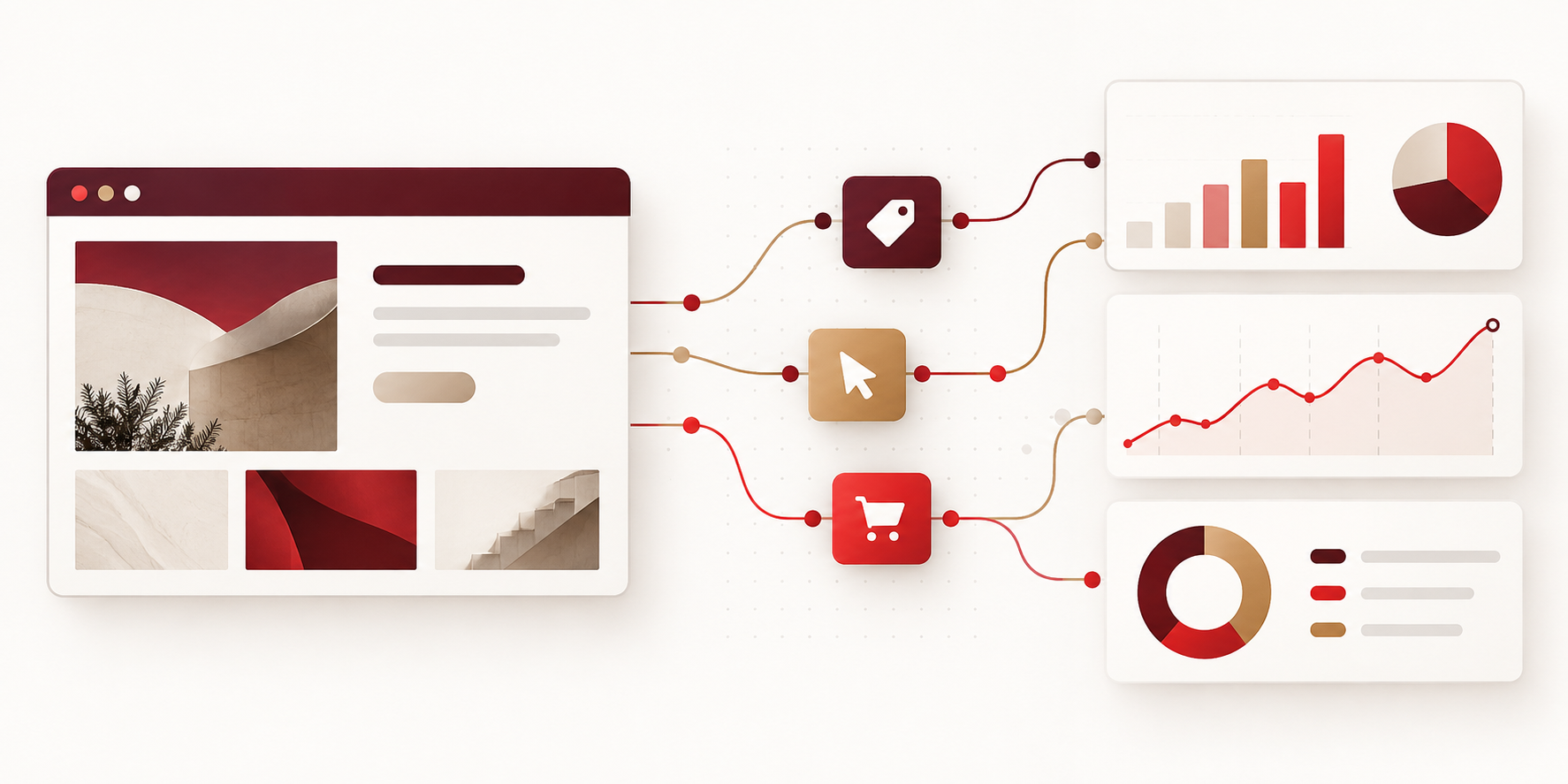 Ilustración de una web conectada con Analytics, eventos y etiquetas de medición