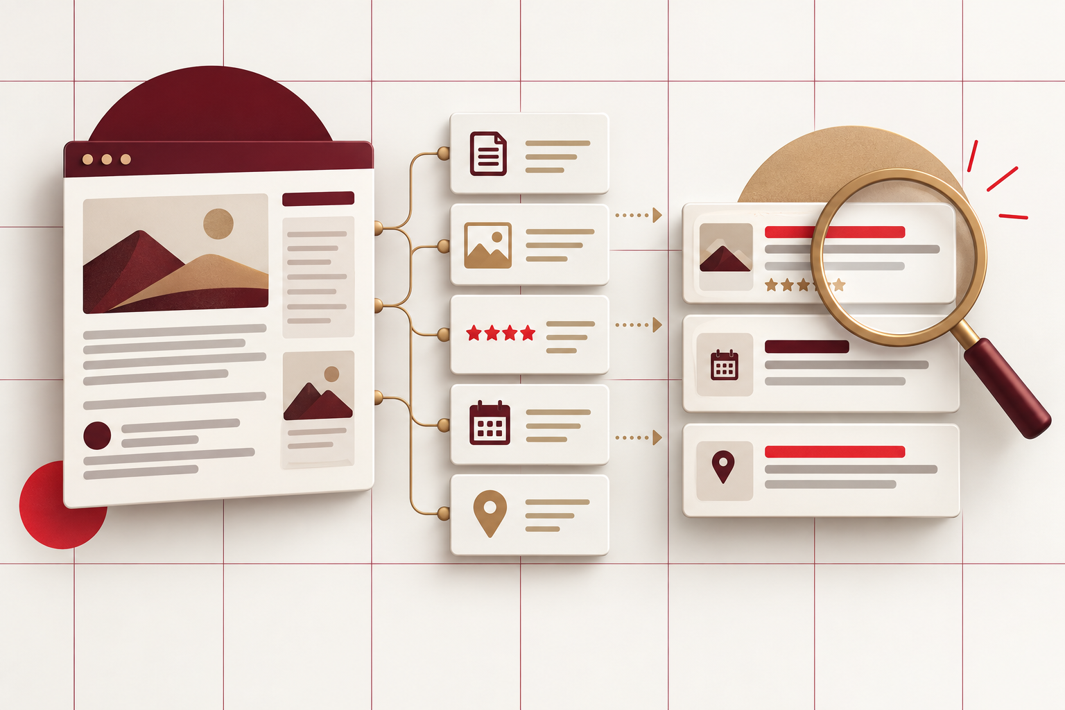 Ilustración de datos estructurados conectando una página WordPress con la búsqueda